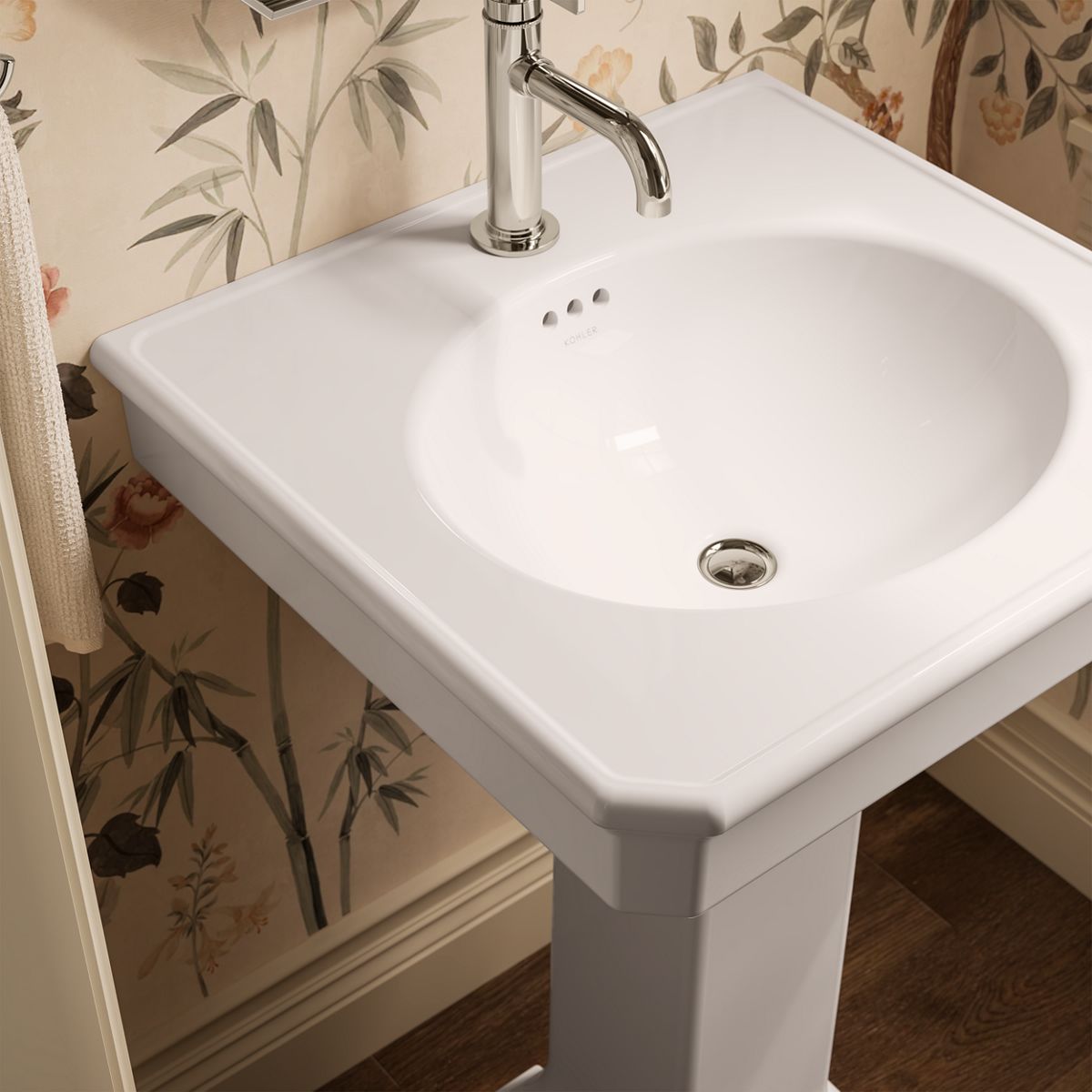 KOHLER K-38227-1 Claude 24" Rectangular Pedestal Bathroom Sink, White - Shows close up detail of product in room