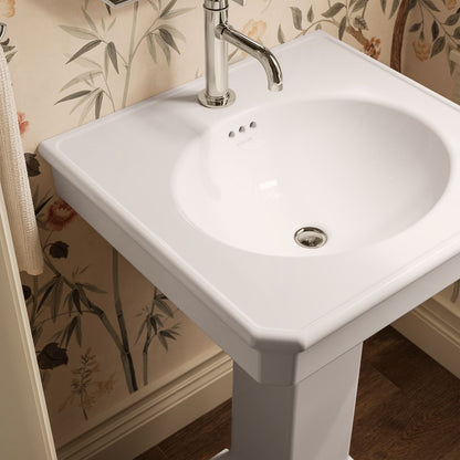KOHLER K-38227-1 Claude 24" Rectangular Pedestal Bathroom Sink, White - Shows close up detail of product in room