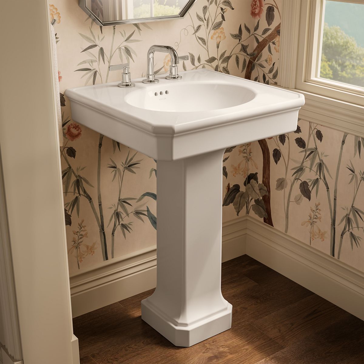 KOHLER K-38227-8 Claude 24" Rectangular Pedestal Bathroom Sink, Dune - image focused on single product story