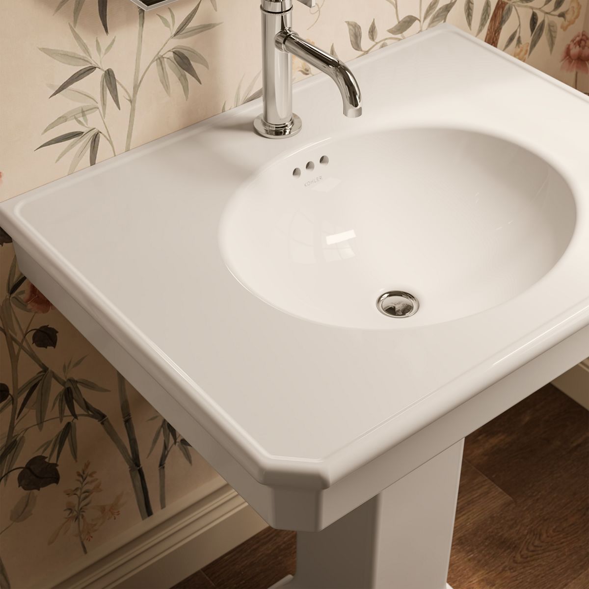 KOHLER K-38228-1 Claude 30" Rectangular Pedestal Bathroom Sink, Dune - Shows close up detail of product in room
