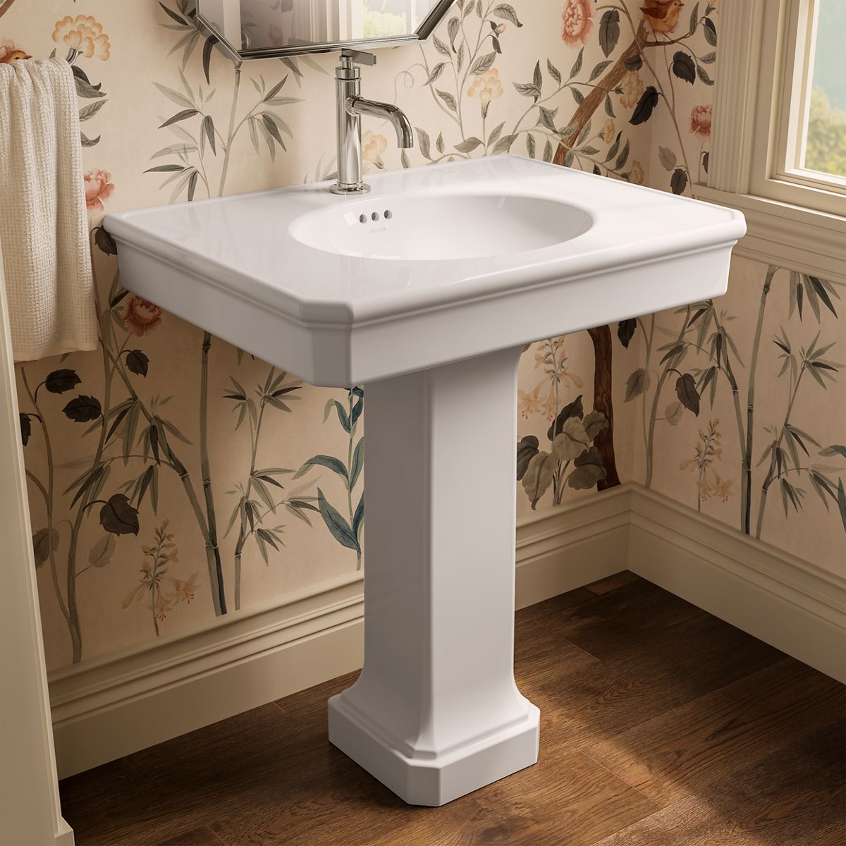 KOHLER K-38228-1 Claude 30" Rectangular Pedestal Bathroom Sink, White - image focused on single product story