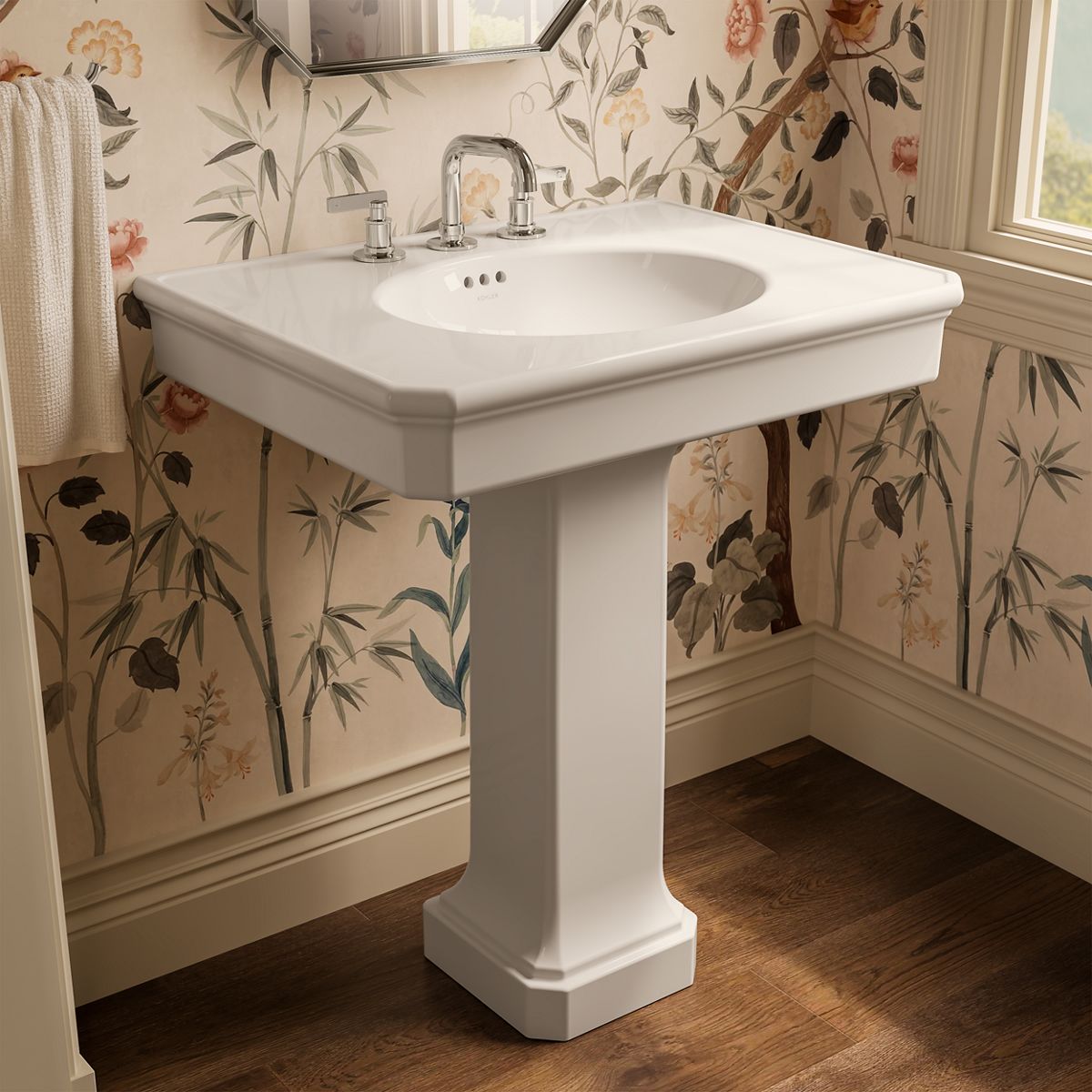 KOHLER K-38228-8 Claude 30" Rectangular Pedestal Bathroom Sink, Dune - image focused on single product story