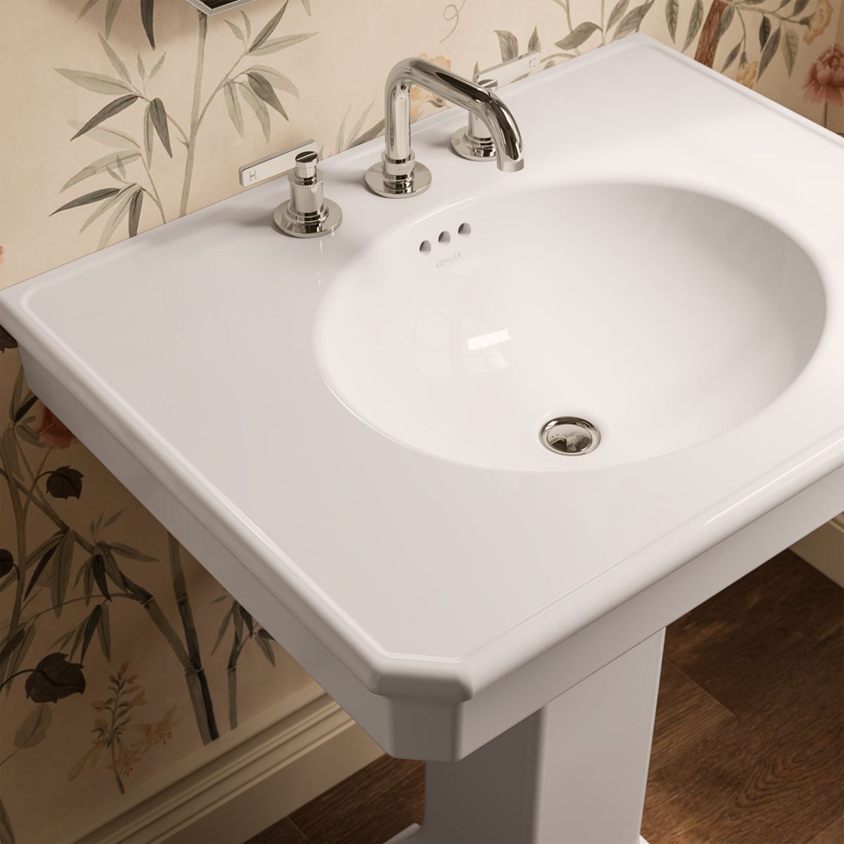 KOHLER K-38228-8 Claude 30" Rectangular Pedestal Bathroom Sink, White - Shows close up detail of product in room