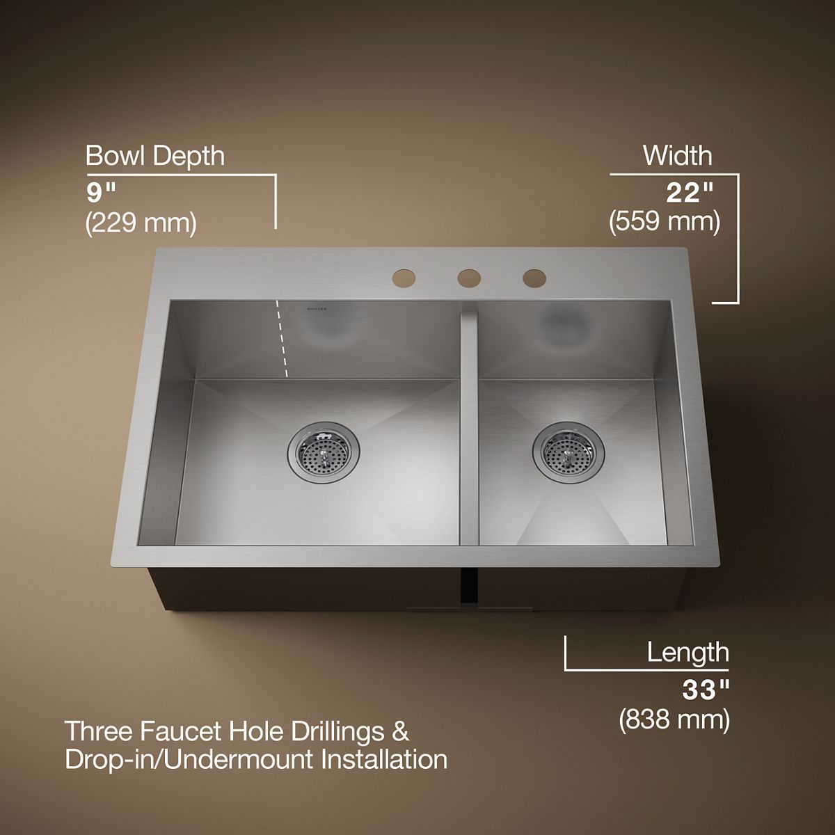 KOHLER K-3823-3 Vault 33" top-/undermount double-bowl kitchen sink
