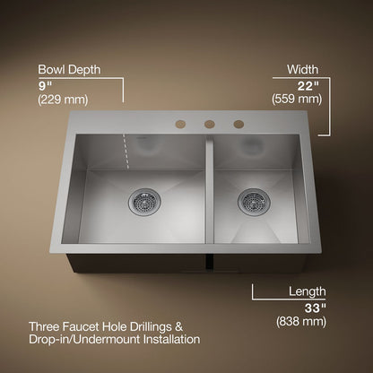 KOHLER K-3823-3 Vault 33" top-/undermount double-bowl kitchen sink