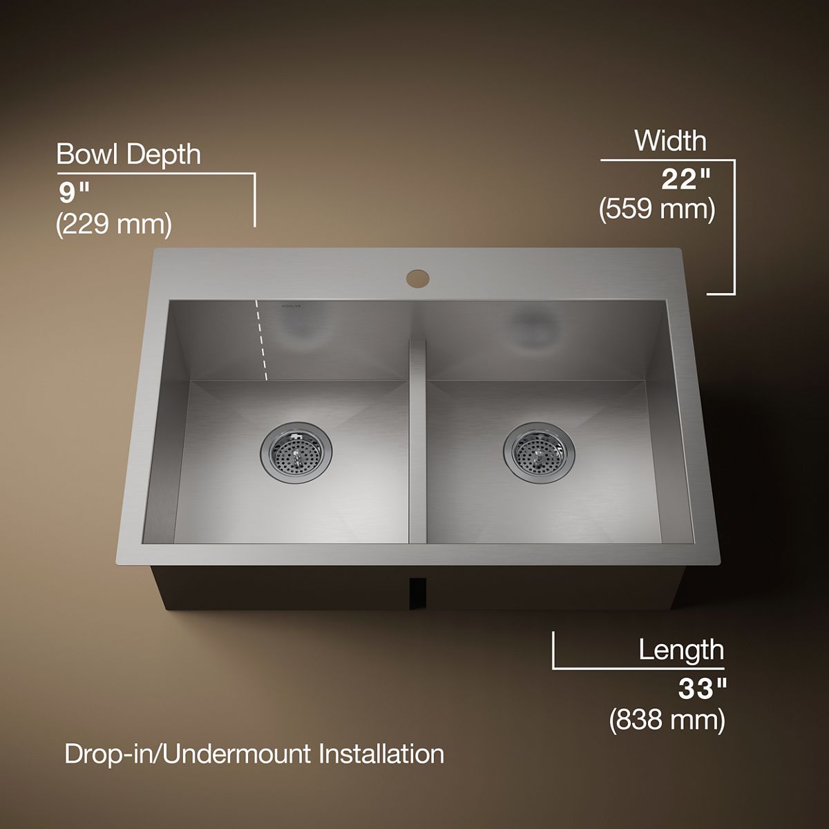 KOHLER K-3838-1 Vault Smart Divide 33" top-/undermount double-bowl kitchen sink
