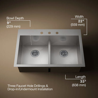 KOHLER K-3838-3 Vault Smart Divide 33" top-/undermount double-bowl kitchen sink