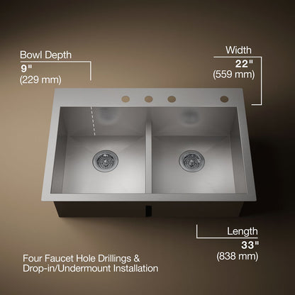 KOHLER K-3838-4 Vault Smart Divide 33" top-/undermount double-bowl kitchen sink