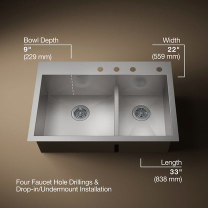 KOHLER K-3839-4 Vault Smart Divide 33" top-/undermount double-bowl kitchen sink