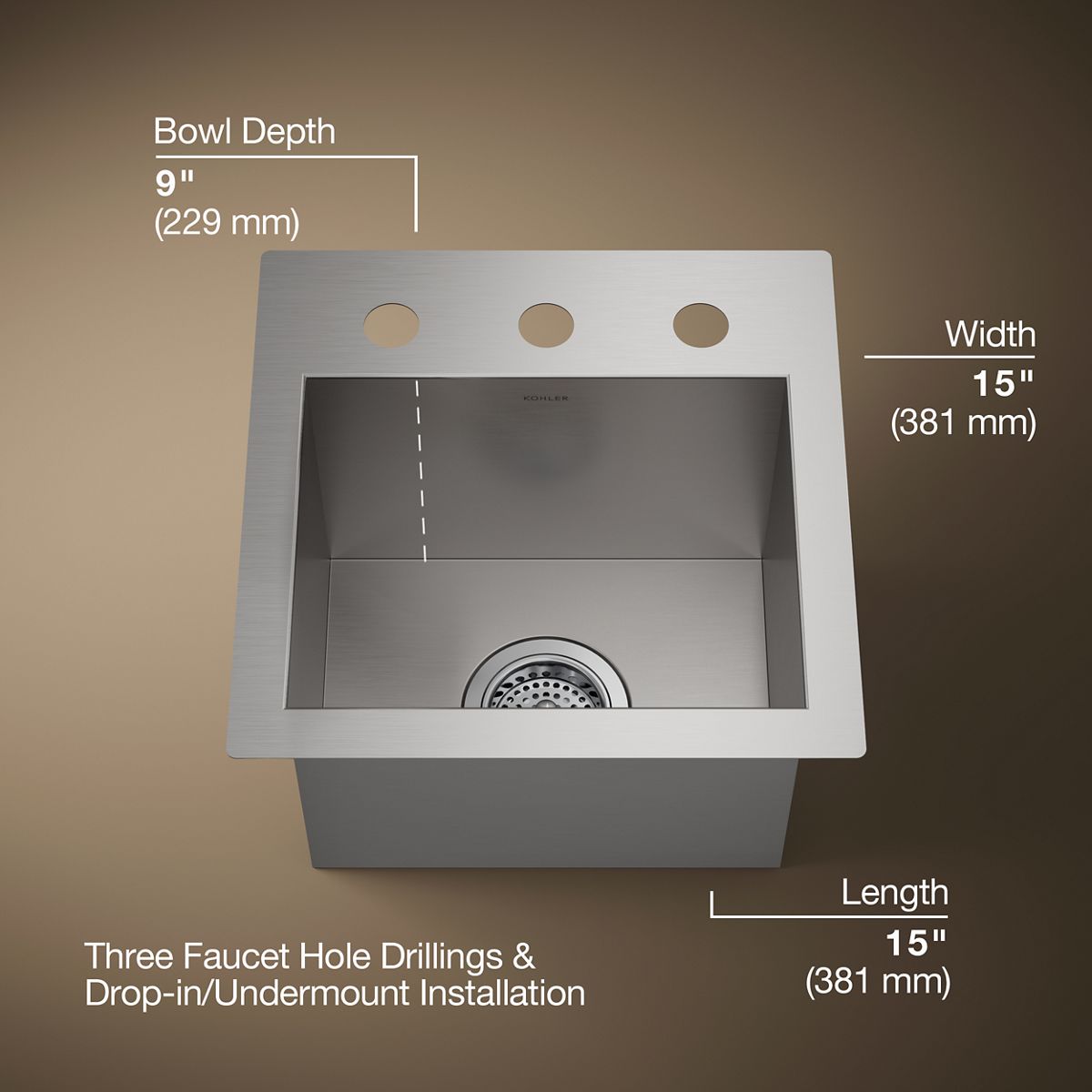 KOHLER K-3840-3 Vault 12-1/4" top-/undermount bar sink