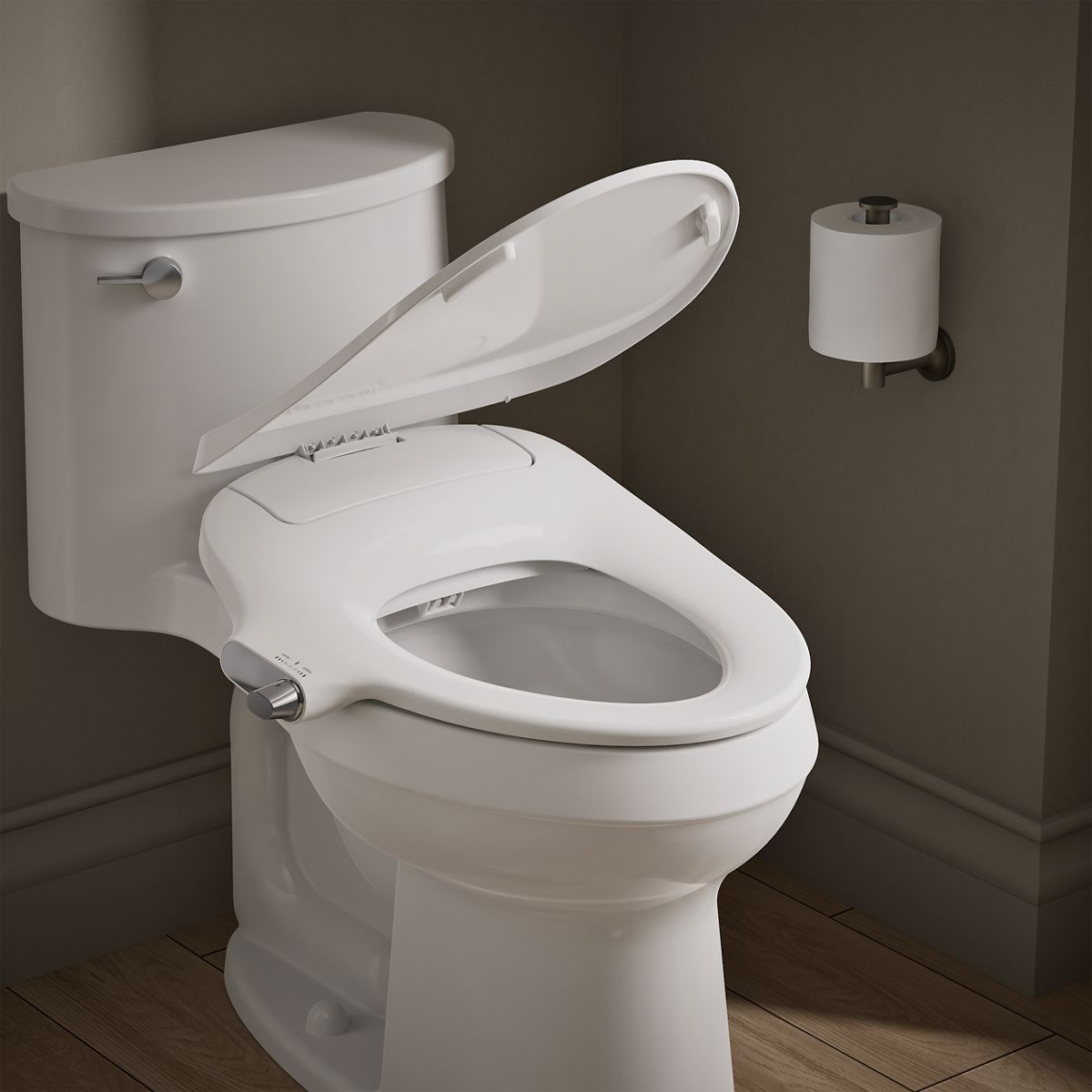 KOHLER K-38840 PureWash M325 Elongated Manual Bidet Toilet Seat, White - Products in use in close room view