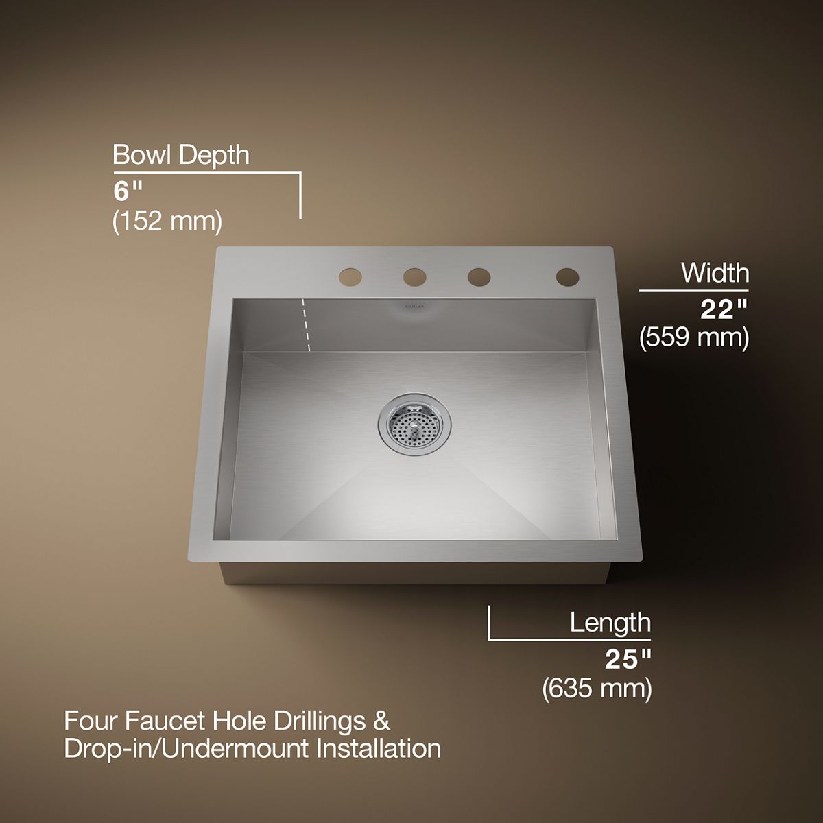 KOHLER K-3894-4 Vault 25" top-/undermount single-bowl kitchen sink