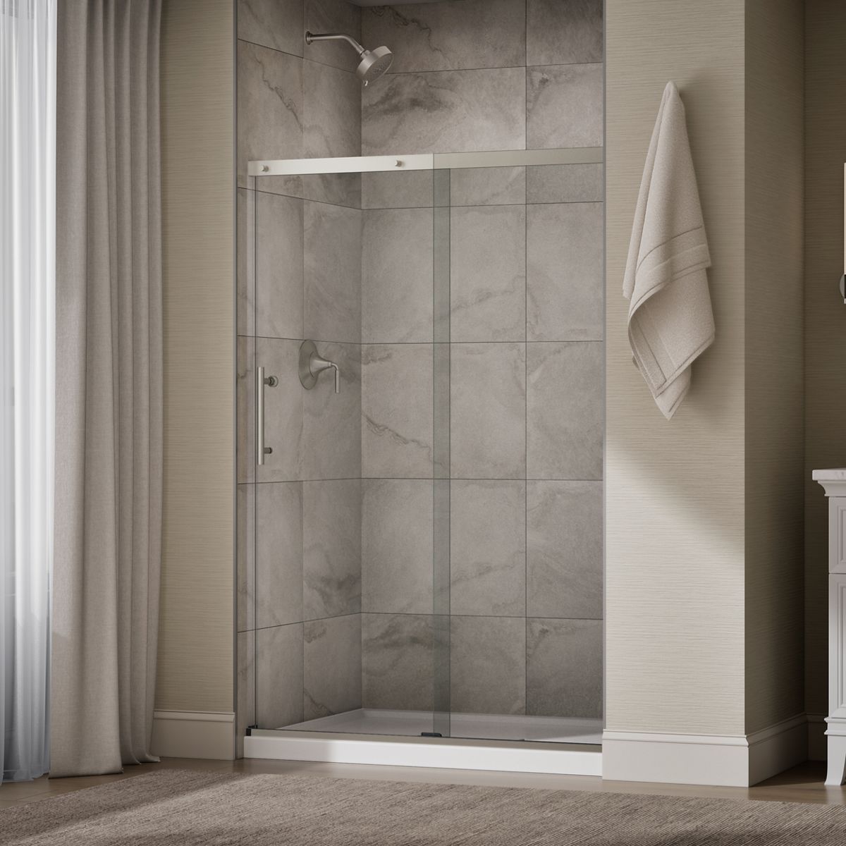KOHLER K-39256-6L Elate 44-5/8"-47-5/8" W x 70-1/2" H Sliding Shower Door with 1/4"-thick Crystal Clear Glass, Anodized Brush