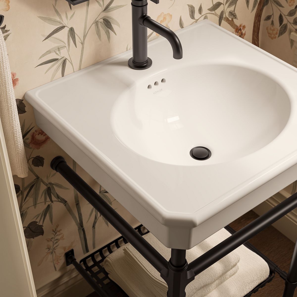 KOHLER K-39303-1 Claude 24" Rectangular Console Table Bathroom Sink, Dune with Matte Black - Shows close up detail of product