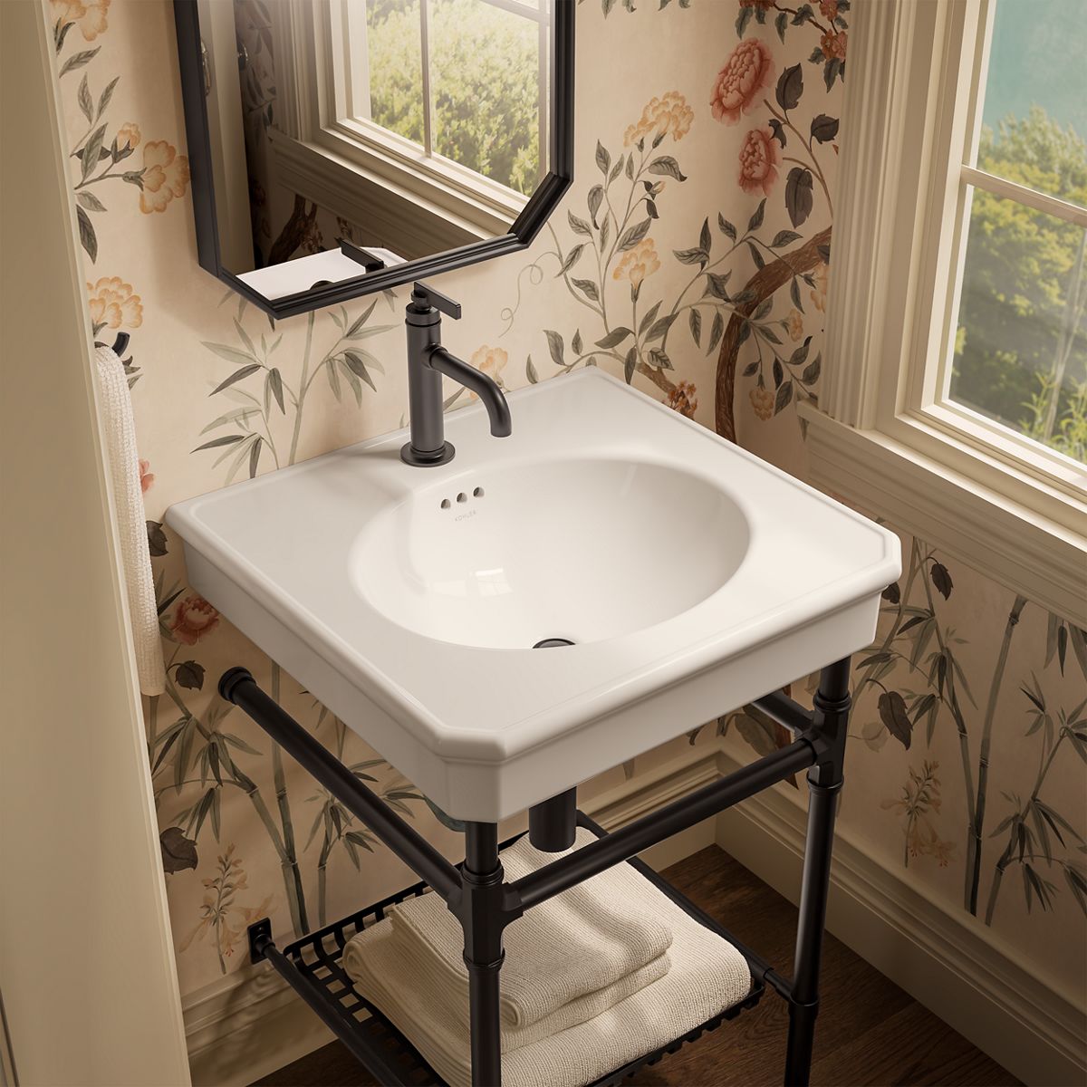KOHLER K-39303-1 Claude 24" Rectangular Console Table Bathroom Sink, Dune with Matte Black - image focused on single product 