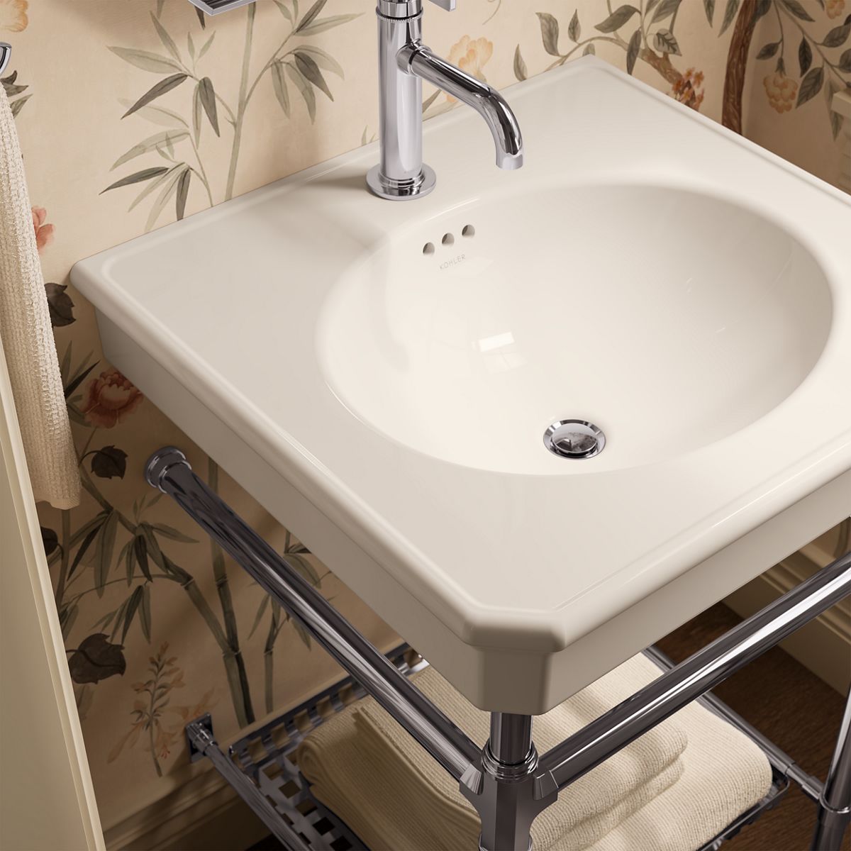KOHLER K-39303-1 Claude 24" Rectangular Console Table Bathroom Sink, Dune with Polished Chrome - Shows close up detail of pro