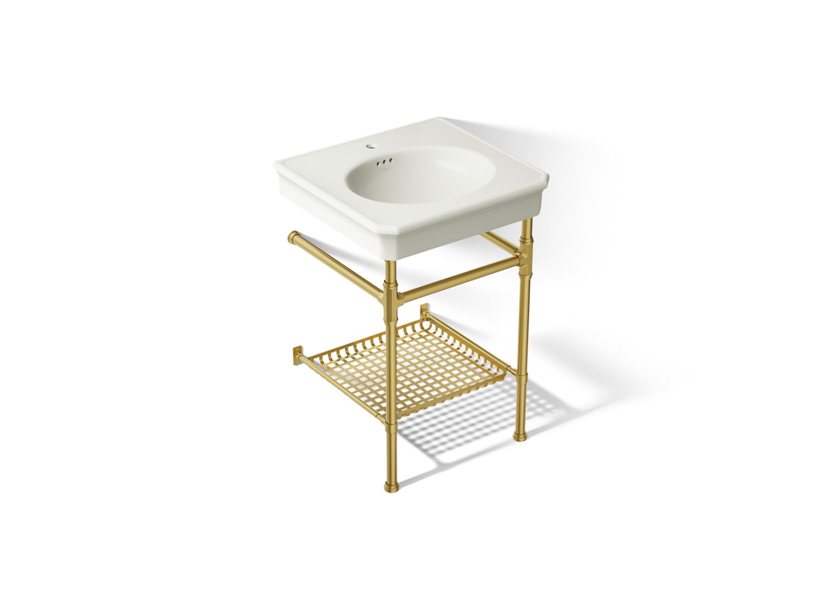 KOHLER K-39303-1 Claude 24" Rectangular Console Table Bathroom Sink, Dune with Vibrant Brushed Moderne Brass - 3/4 view of pr