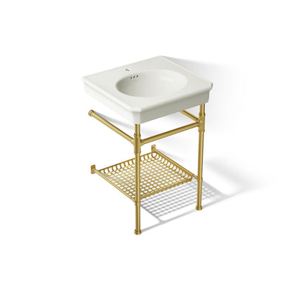 KOHLER K-39303-1 Claude 24" Rectangular Console Table Bathroom Sink, Dune with Vibrant Brushed Moderne Brass - 3/4 view of pr