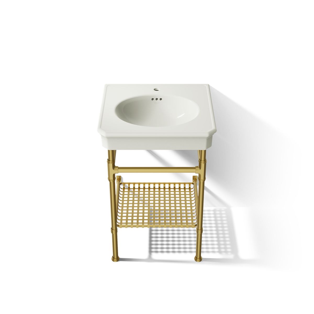 KOHLER K-39303-1 Claude 24" Rectangular Console Table Bathroom Sink, Dune with Vibrant Brushed Moderne Brass - Detail image o