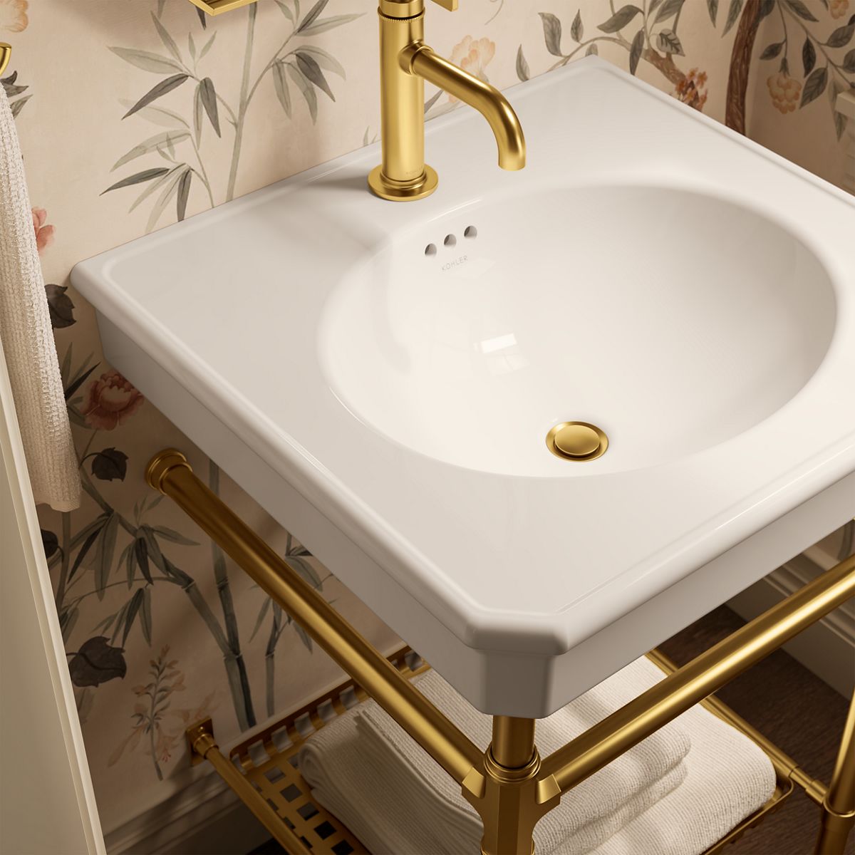 KOHLER K-39303-1 Claude 24" Rectangular Console Table Bathroom Sink, Dune with Vibrant Brushed Moderne Brass - Shows close up
