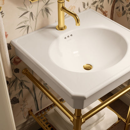 KOHLER K-39303-1 Claude 24" Rectangular Console Table Bathroom Sink, Dune with Vibrant Brushed Moderne Brass - Shows close up