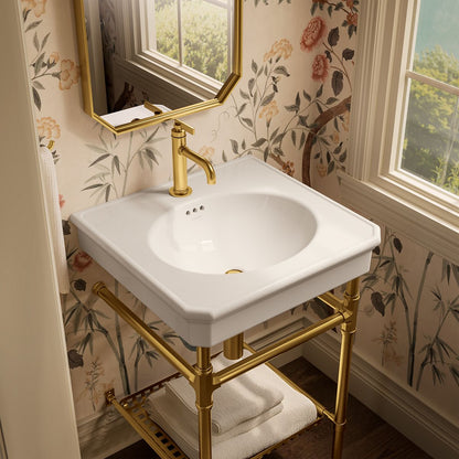 KOHLER K-39303-1 Claude 24" Rectangular Console Table Bathroom Sink, Dune with Vibrant Brushed Moderne Brass - image focused 