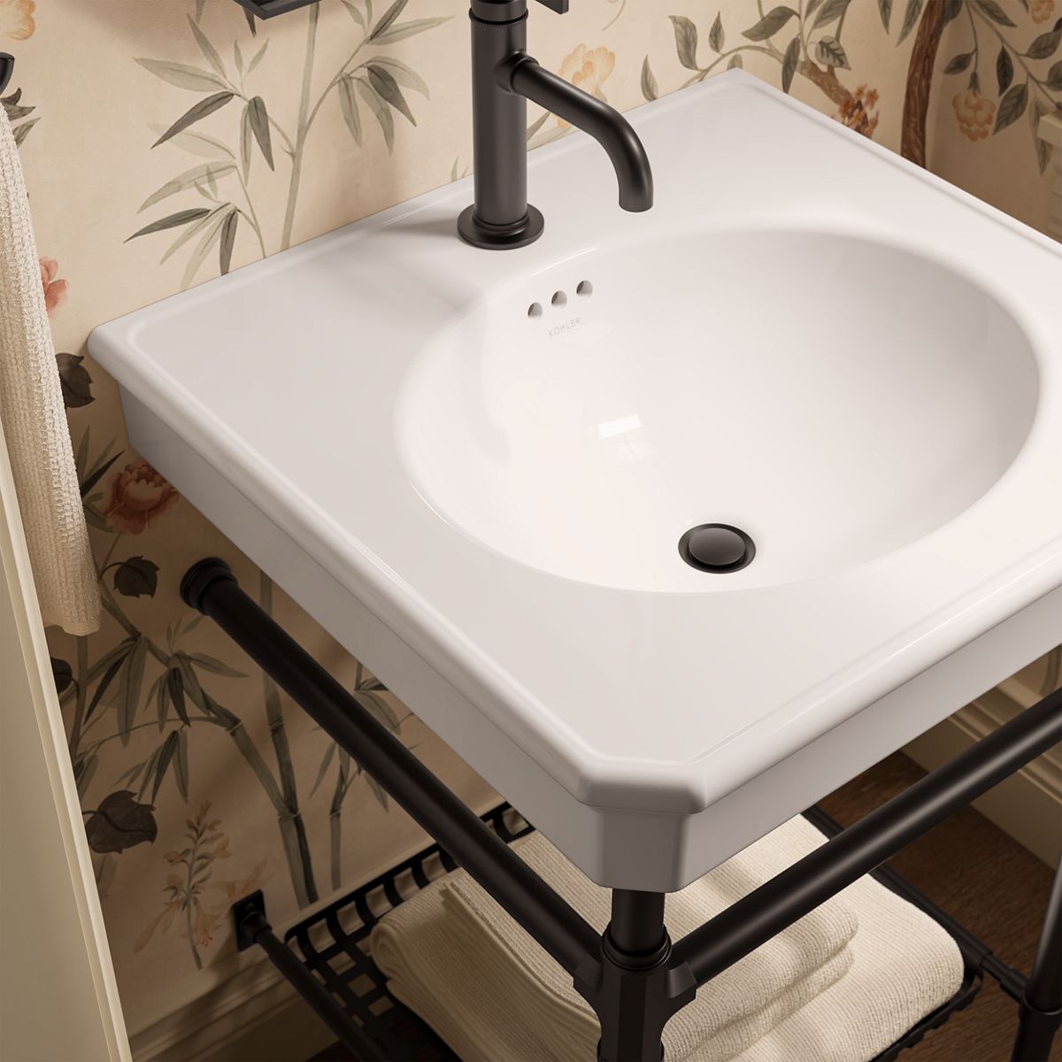 KOHLER K-39303-1 Claude 24" Rectangular Console Table Bathroom Sink, White with Black - Shows close up detail of product in r