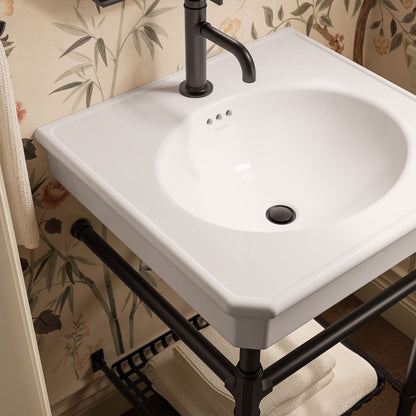 KOHLER K-39303-1 Claude 24" Rectangular Console Table Bathroom Sink, White with Black - Shows close up detail of product in r