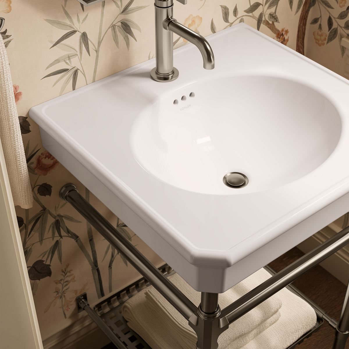 KOHLER K-39303-1 Claude 24" Rectangular Console Table Bathroom Sink, White with Brushed Nickel - Shows close up detail of pro