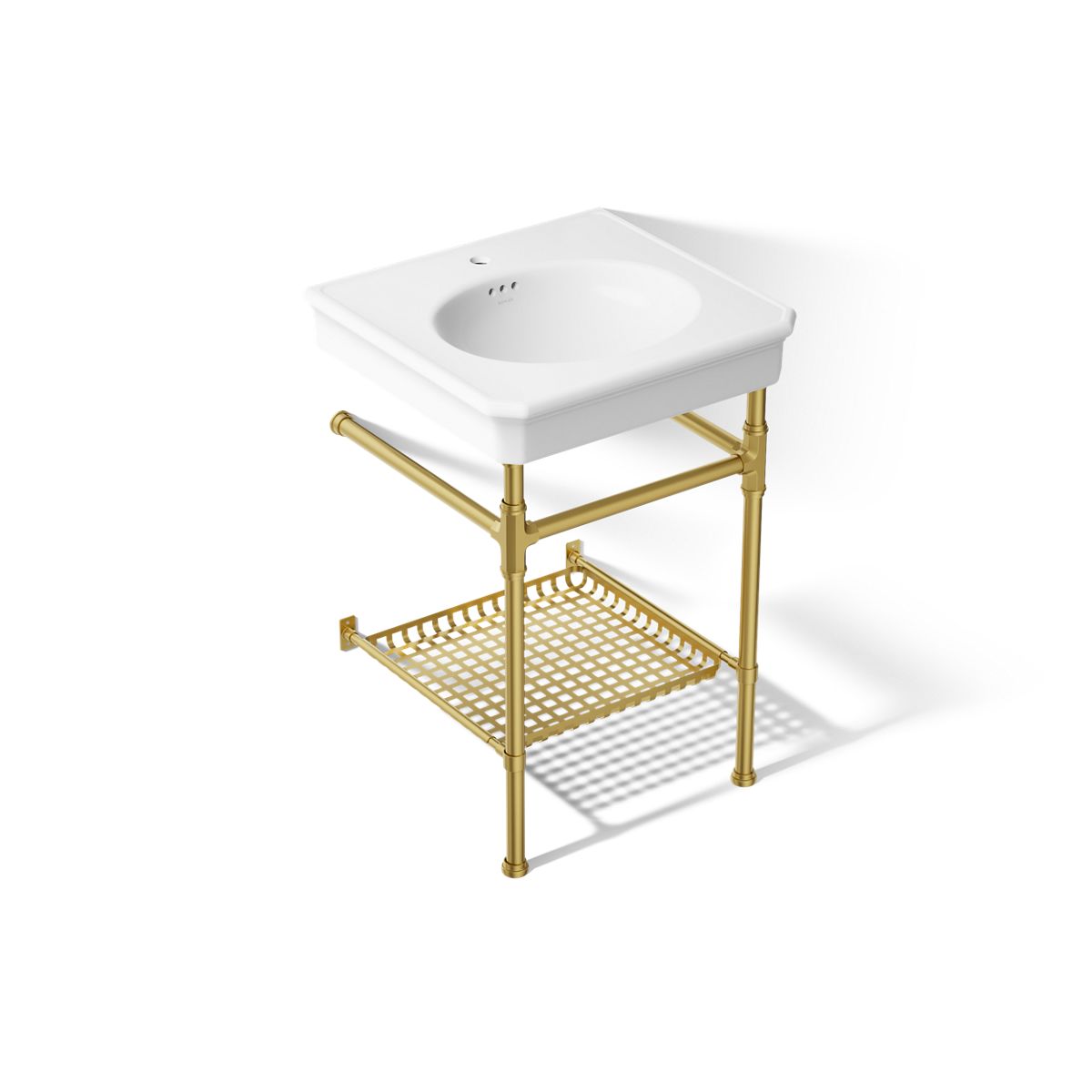 KOHLER K-39303-1 Claude 24" Rectangular Console Table Bathroom Sink, White with Vibrant Brushed Moderne Brass - 3/4 view of p