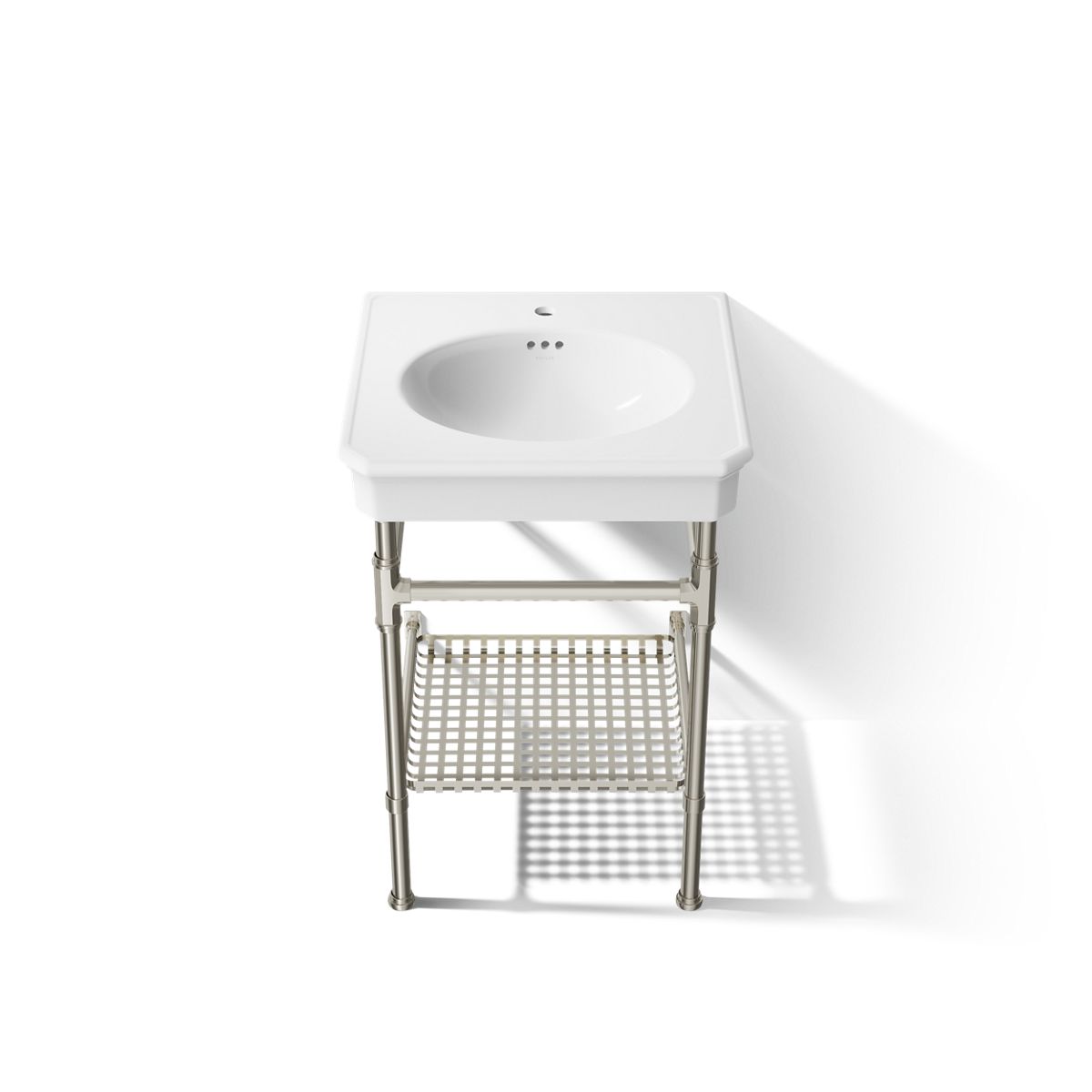 KOHLER K-39303-1 Claude 24" Rectangular Console Table Bathroom Sink, White with Vibrant Polished Nickel - Detail image of a p