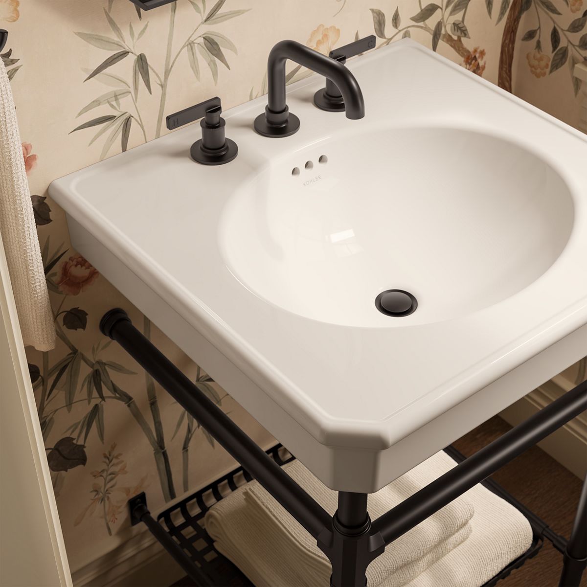 KOHLER K-39303-8 Claude 24" Rectangular Console Table Bathroom Sink, Dune with Matte Black - Shows close up detail of product