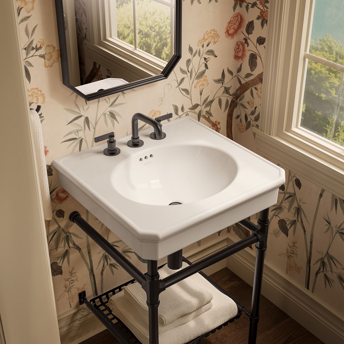 KOHLER K-39303-8 Claude 24" Rectangular Console Table Bathroom Sink, Dune with Matte Black - image focused on single product 