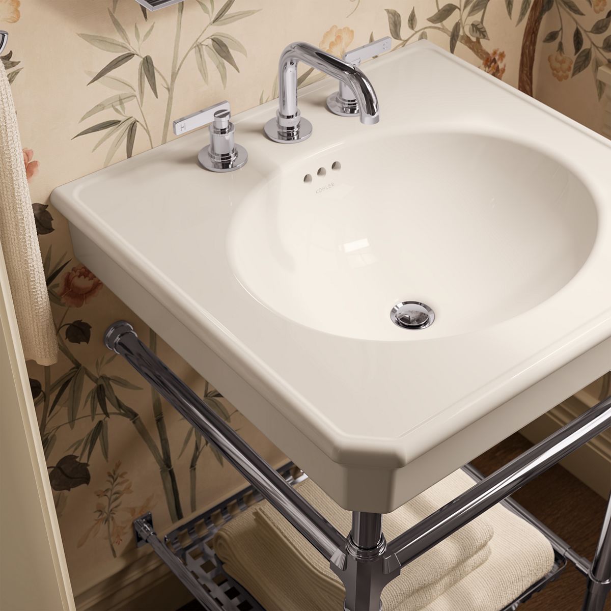 KOHLER K-39303-8 Claude 24" Rectangular Console Table Bathroom Sink, Dune with Polished Chrome - Shows close up detail of pro
