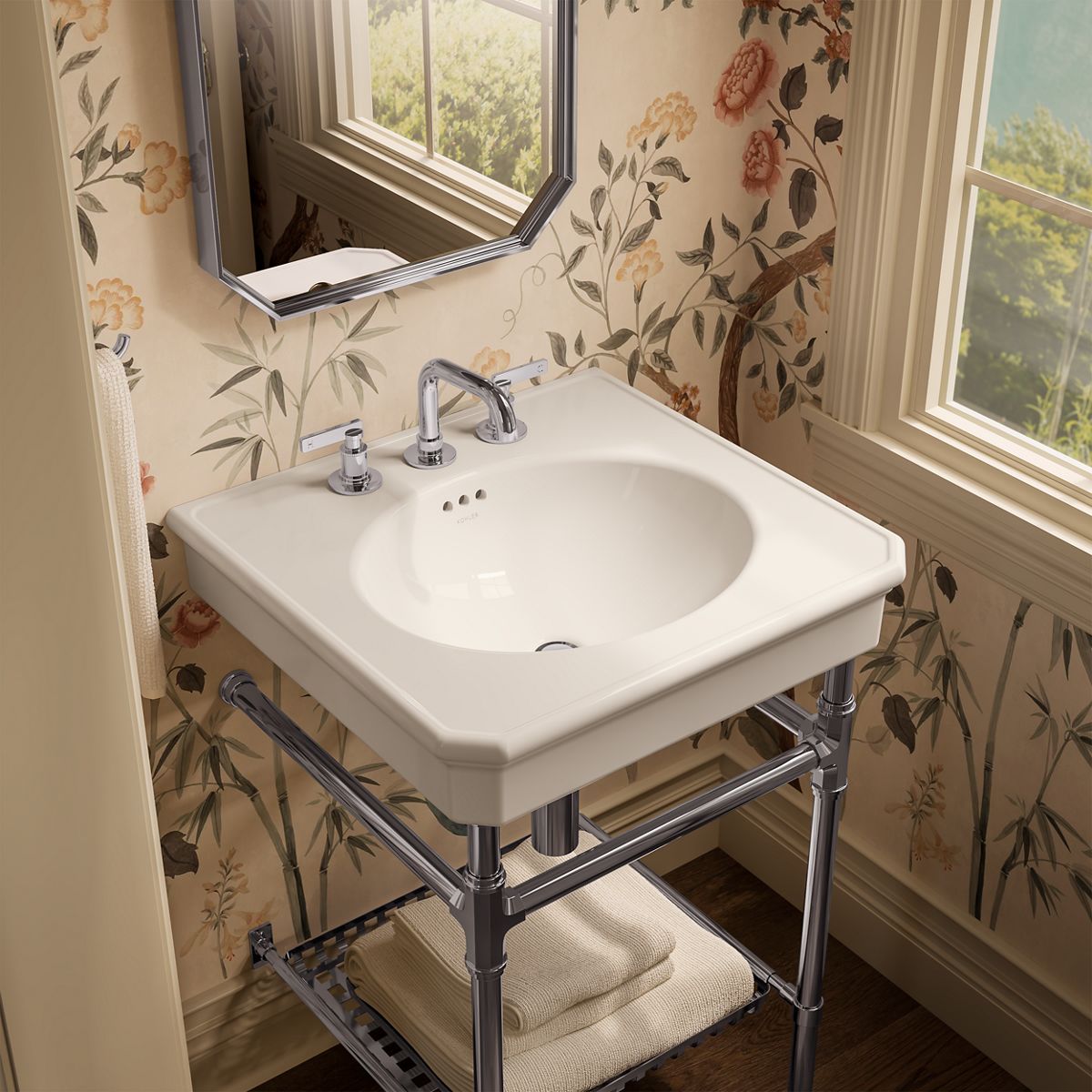 KOHLER K-39303-8 Claude 24" Rectangular Console Table Bathroom Sink, Dune with Polished Chrome - image focused on single prod