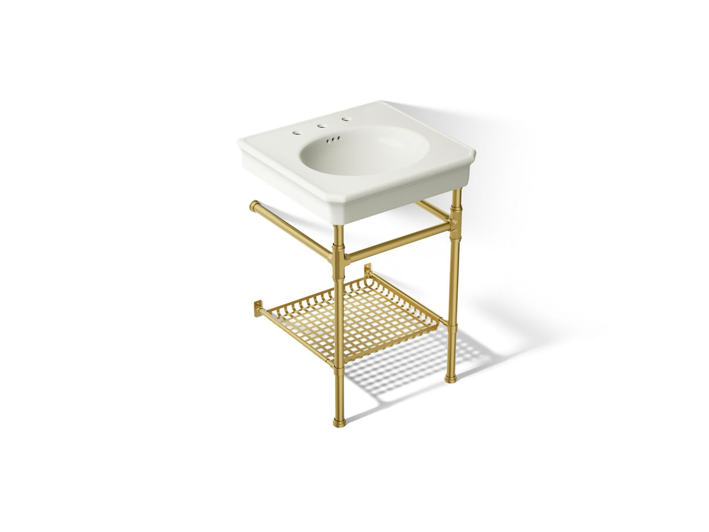 KOHLER K-39303-8 Claude 24" Rectangular Console Table Bathroom Sink, Dune with Vibrant Brushed Moderne Brass - 3/4 view of pr