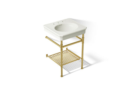 KOHLER K-39303-8 Claude 24" Rectangular Console Table Bathroom Sink, Dune with Vibrant Brushed Moderne Brass - 3/4 view of pr