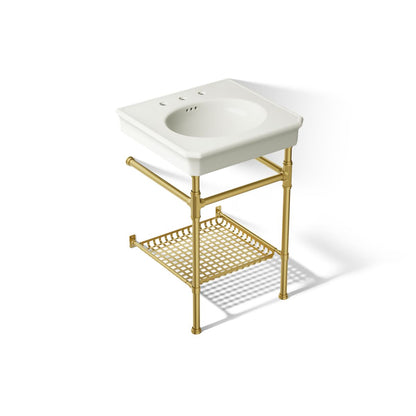 KOHLER K-39303-8 Claude 24" Rectangular Console Table Bathroom Sink, Dune with Vibrant Brushed Moderne Brass - 3/4 view of pr