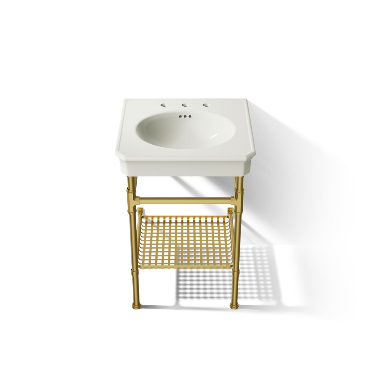 KOHLER K-39303-8 Claude 24" Rectangular Console Table Bathroom Sink, Dune with Vibrant Brushed Moderne Brass - Detail image o