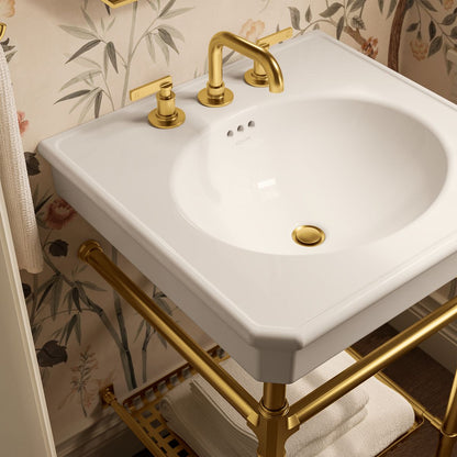 KOHLER K-39303-8 Claude 24" Rectangular Console Table Bathroom Sink, Dune with Vibrant Brushed Moderne Brass - Shows close up
