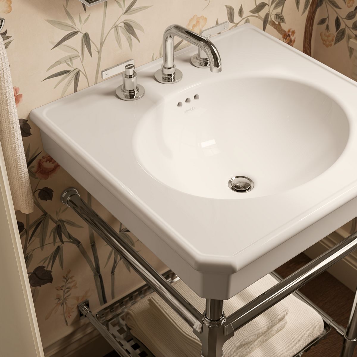 KOHLER K-39303-8 Claude 24" Rectangular Console Table Bathroom Sink, Dune with Vibrant Polished Nickel - Shows close up detai