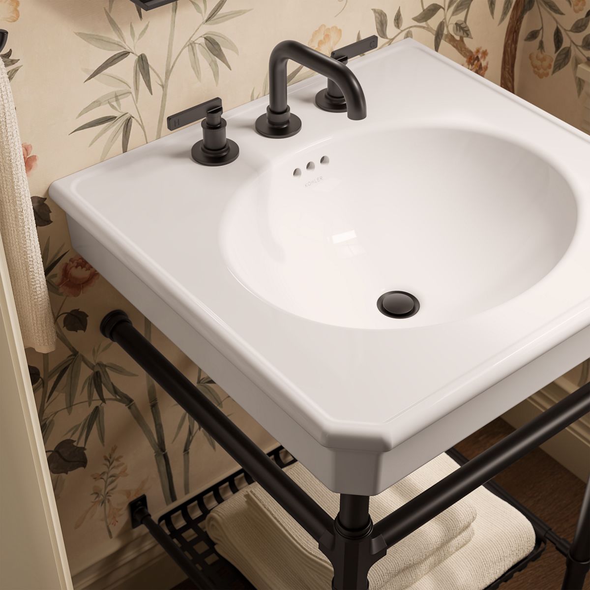 KOHLER K-39303-8 Claude 24" Rectangular Console Table Bathroom Sink, White with Black - Shows close up detail of product in r