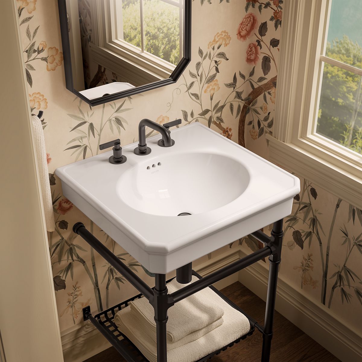 KOHLER K-39303-8 Claude 24" Rectangular Console Table Bathroom Sink, White with Black - image focused on single product story