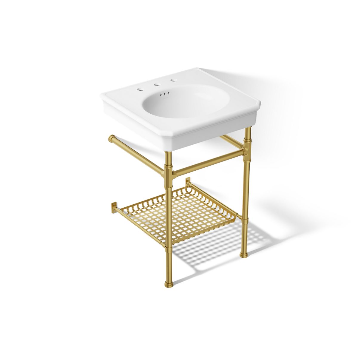 KOHLER K-39303-8 Claude 24" Rectangular Console Table Bathroom Sink, White with Vibrant Brushed Moderne Brass - 3/4 view of p
