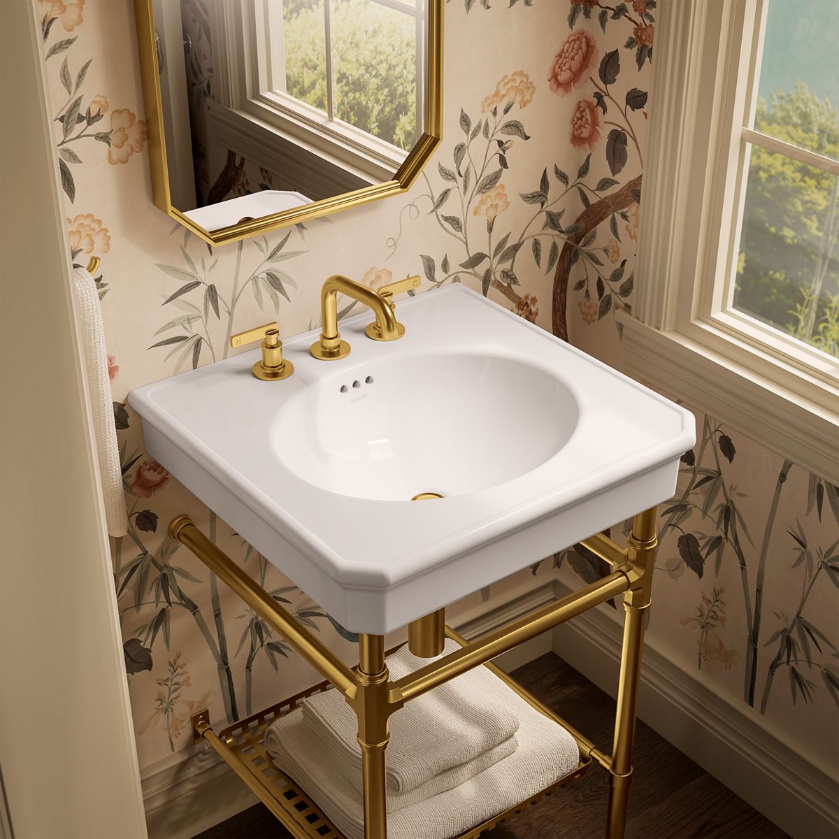 KOHLER K-39303-8 Claude 24" Rectangular Console Table Bathroom Sink, White with Vibrant Brushed Moderne Brass - image focused