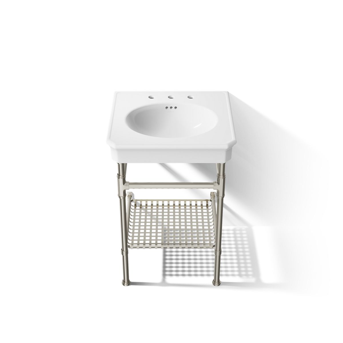KOHLER K-39303-8 Claude 24" Rectangular Console Table Bathroom Sink, White with Vibrant Polished Nickel - Detail image of a p