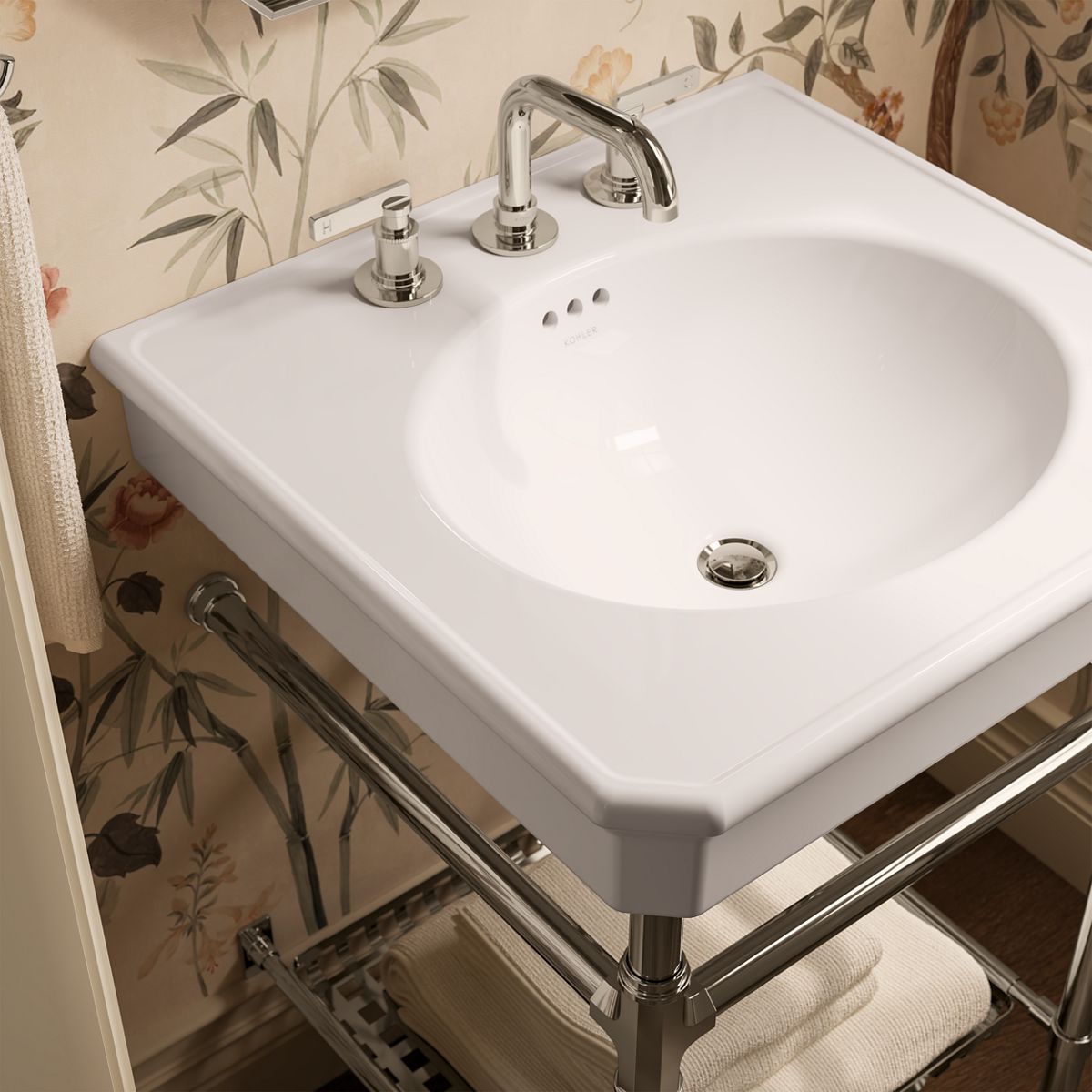 KOHLER K-39303-8 Claude 24" Rectangular Console Table Bathroom Sink, White with Vibrant Polished Nickel - Shows close up deta
