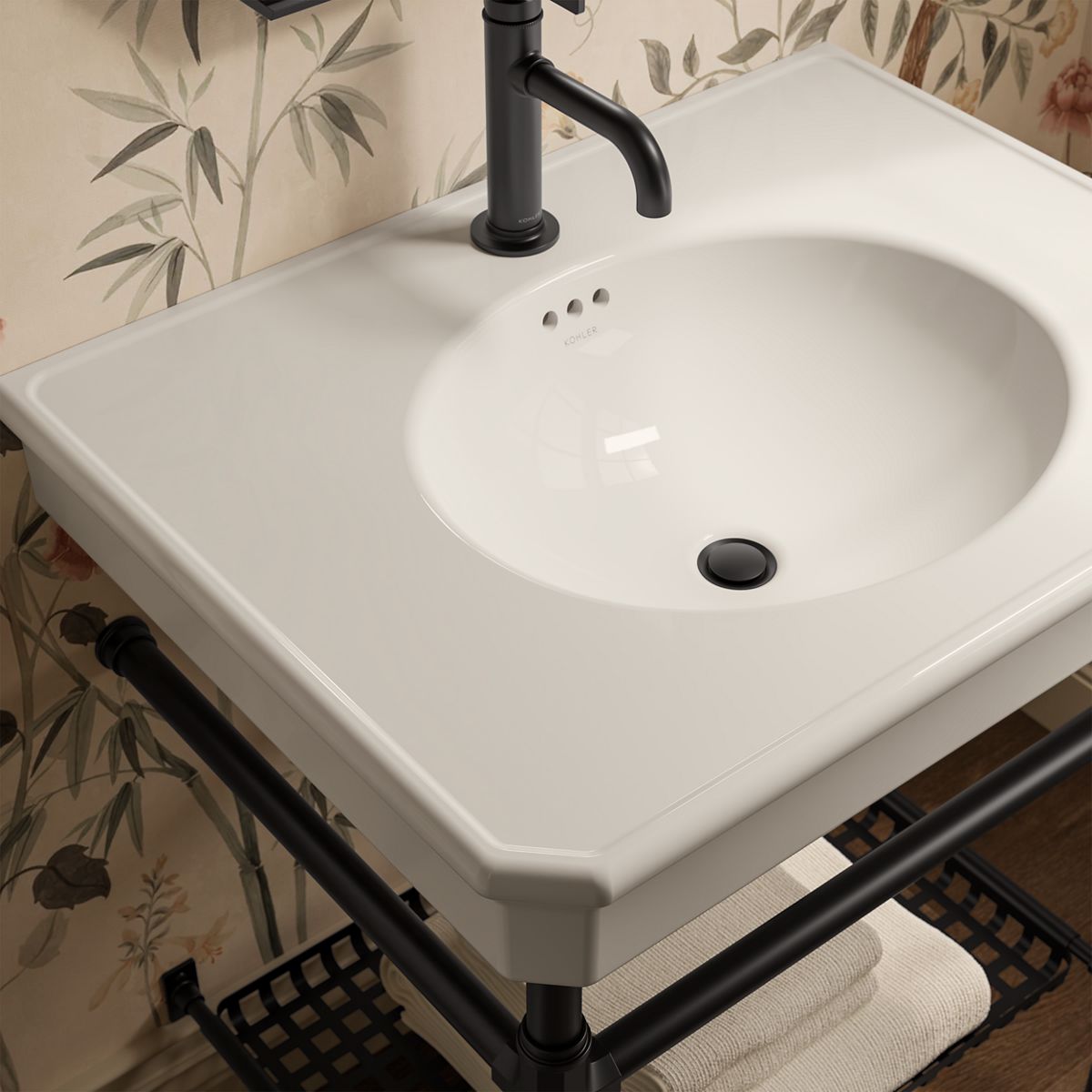 KOHLER K-39304-1 Claude 30" Rectangular Console Table Bathroom Sink, Dune with Matte Black - Shows close up detail of product