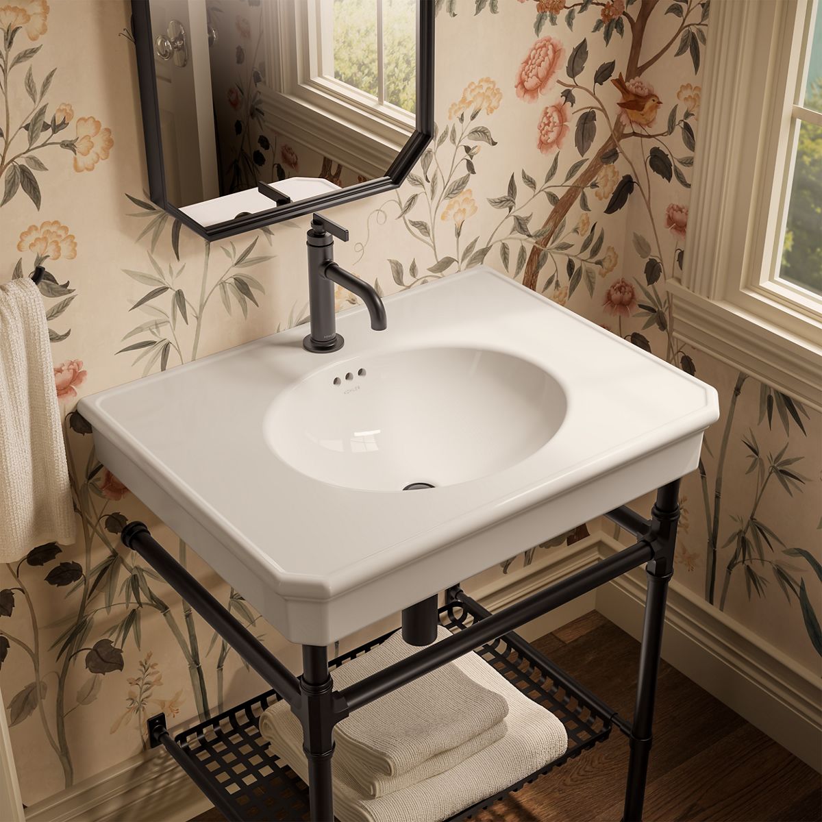 KOHLER K-39304-1 Claude 30" Rectangular Console Table Bathroom Sink, Dune with Matte Black - image focused on single product 
