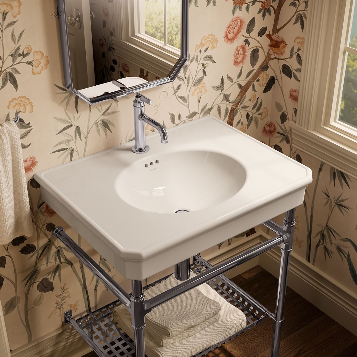 KOHLER K-39304-1 Claude 30" Rectangular Console Table Bathroom Sink, Dune with Polished Chrome - image focused on single prod